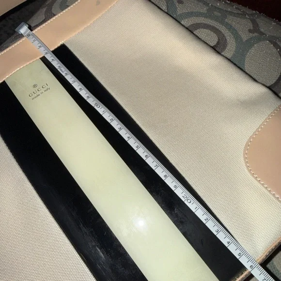 Gucci Canvas Tote Bag – Beige & Black Stripe with Gold Logo - Picture 12 of 15